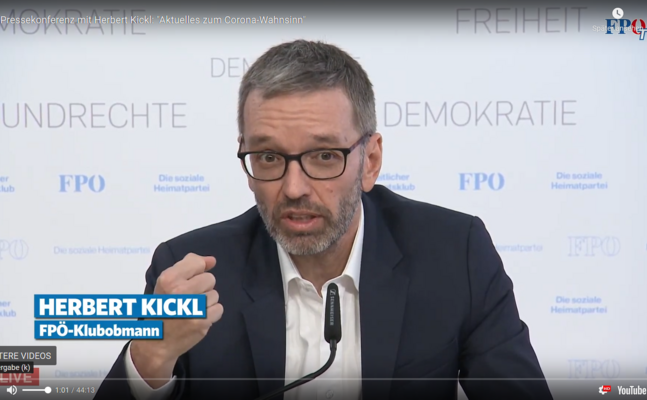 "Hygiene Austria" steht in engem Naheverhältnis zu Team Sebastian Kurz - FPÖ-Klubobmann Kickl: "Während die ÖVP abertausende kleine Unternehmen ruiniert und Menschen in die Verzweiflung treibt, machen ein paar wenige Riesengroße das Geschäft ihres Lebens." 