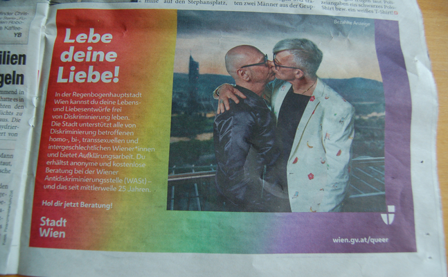 Homosexuellen-Werbungs-Inserat der Stadt Wien in "Heute" vom 19. Juni 2023.