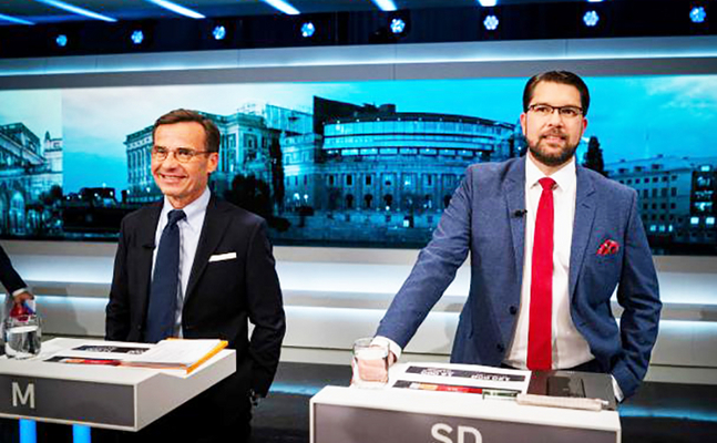 Konservativen-Chef Ulf Kristersson und Schwedendemokraten-Chef Jimmie Åkesson (r.)