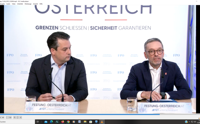 Wiens FPÖ-Landesparteichef Dominik Nepp (l.) und -Bundesparteiobmann Herbert Kickl bei ihrer Pressekonferenz in Wien.